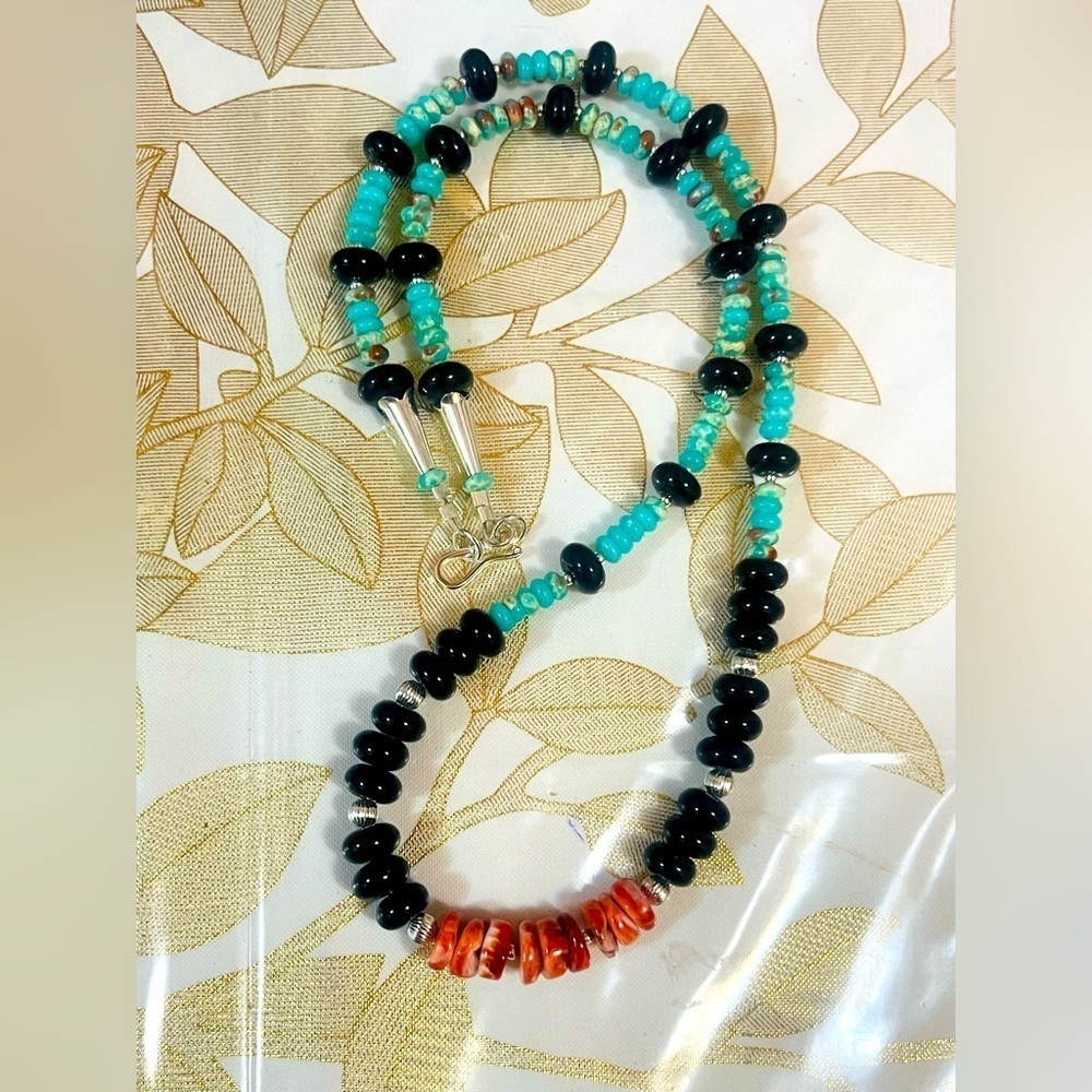 Navajo Sterling Pearl Spiny Oyster Onyx Jasper Bench Beads Necklace 20"